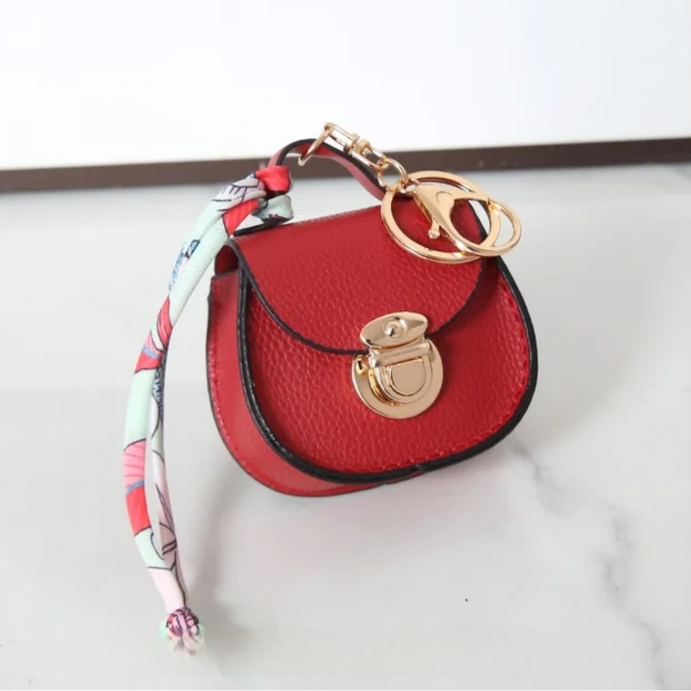 Red Mini Leather Keychain Bag with Gold Hardware